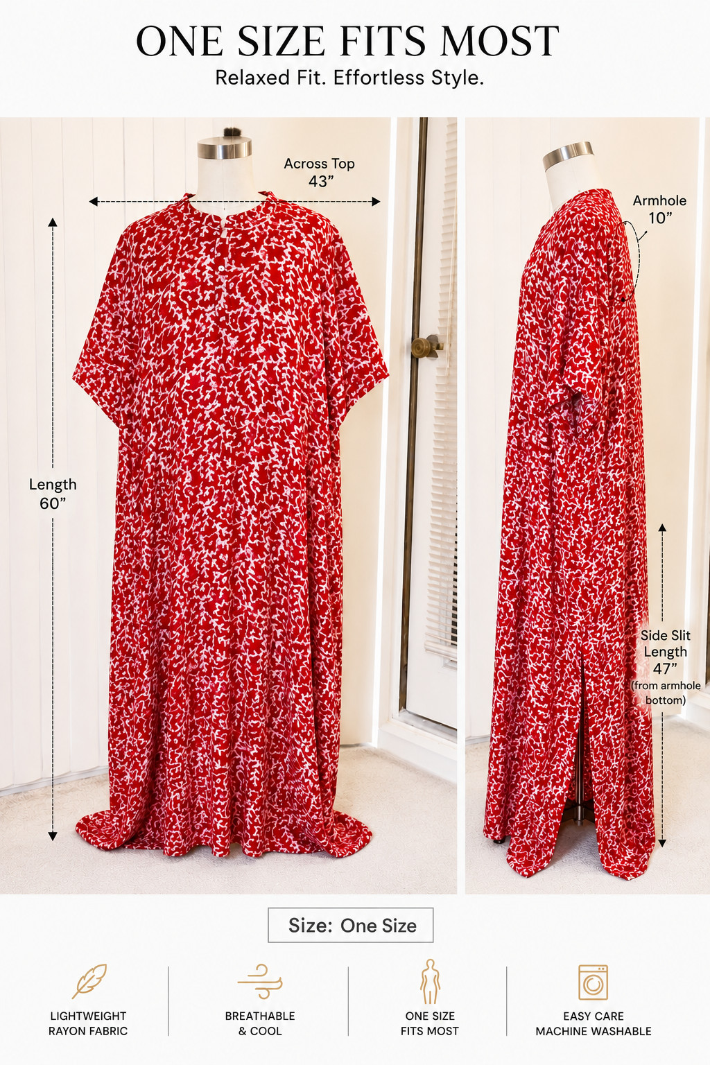 Red White Geometric Kaftan Beach Cover Up One Size Rayon Sleeveless Boho India
