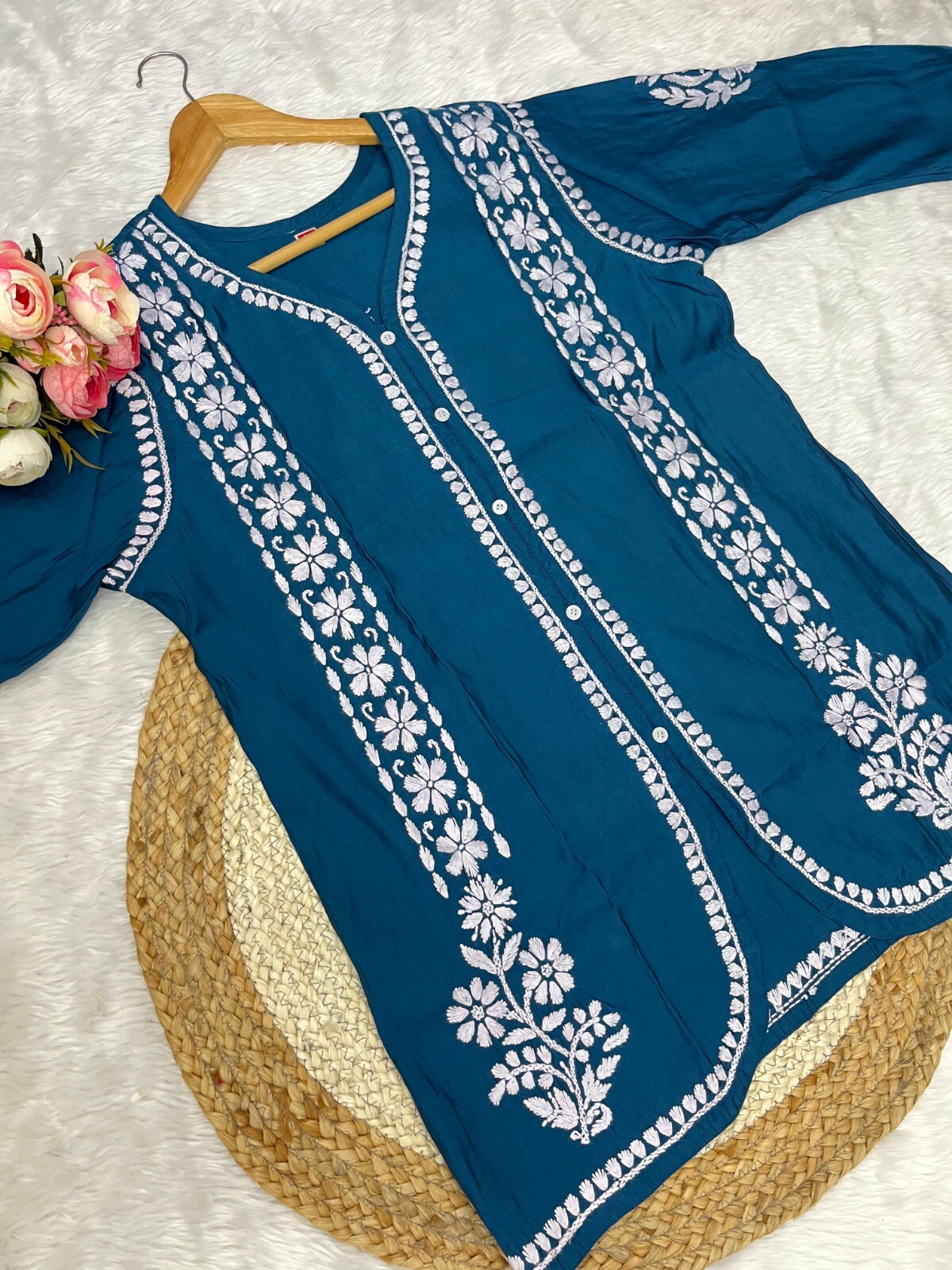 WOMEN CHANDERI SILK COLORED DESIGNER TULIP CORD SET WITH PREMIUM EMBROIDERY