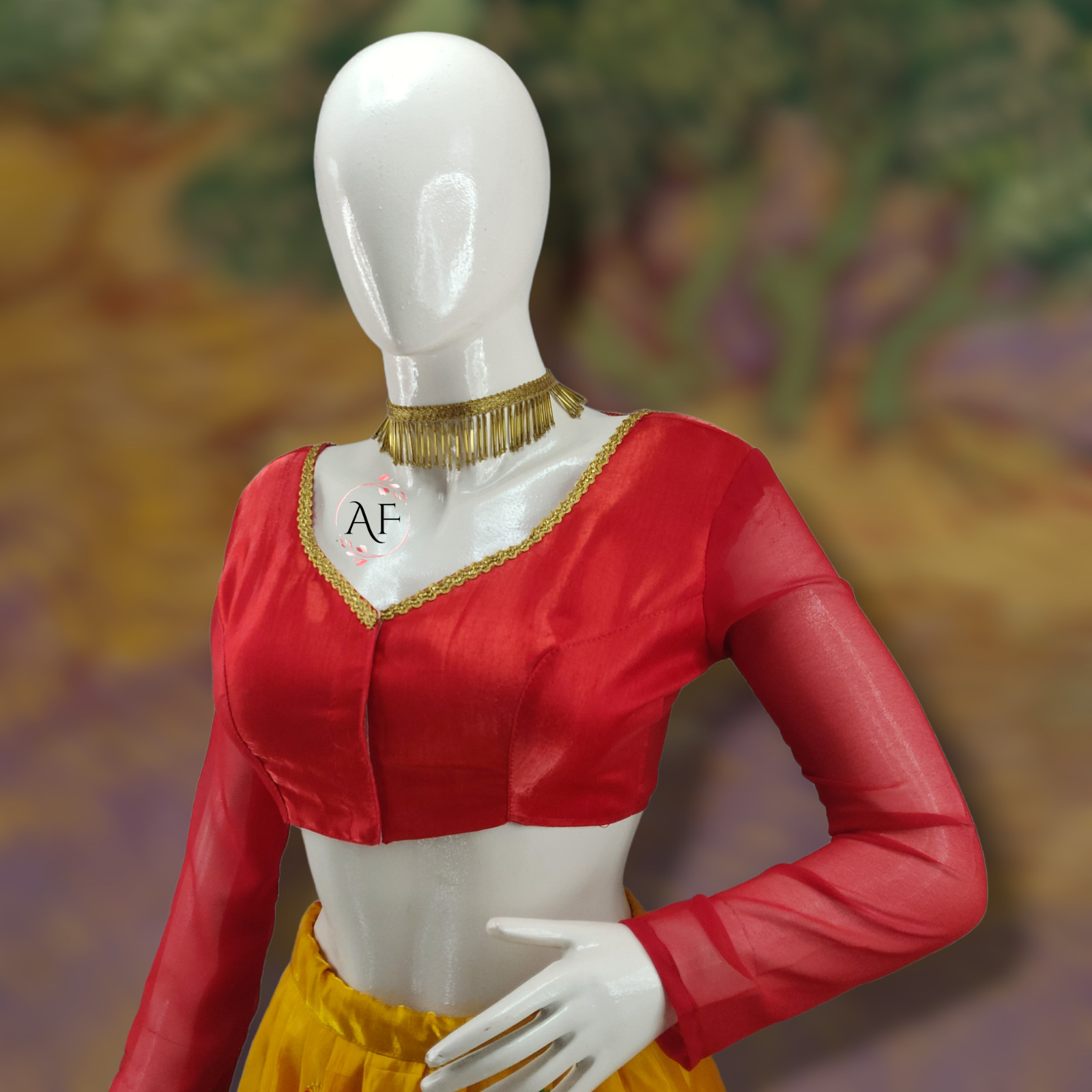 Elegant Handmade Silk Blouse with Sweetheart Neck and Long Sleeves