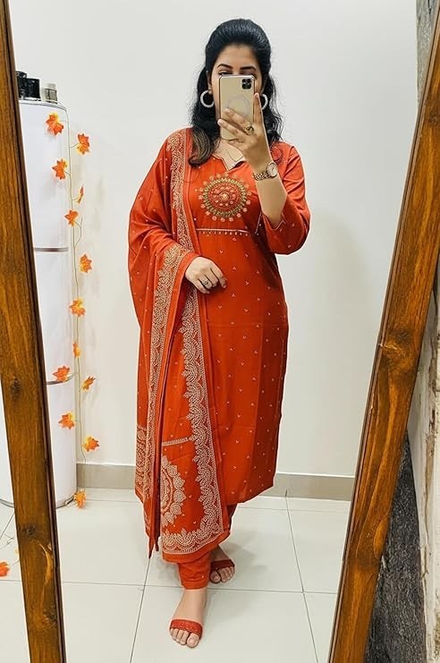 Women’s Rayon Viscose Straight Embroidered Kurta with Pant & Dupatta