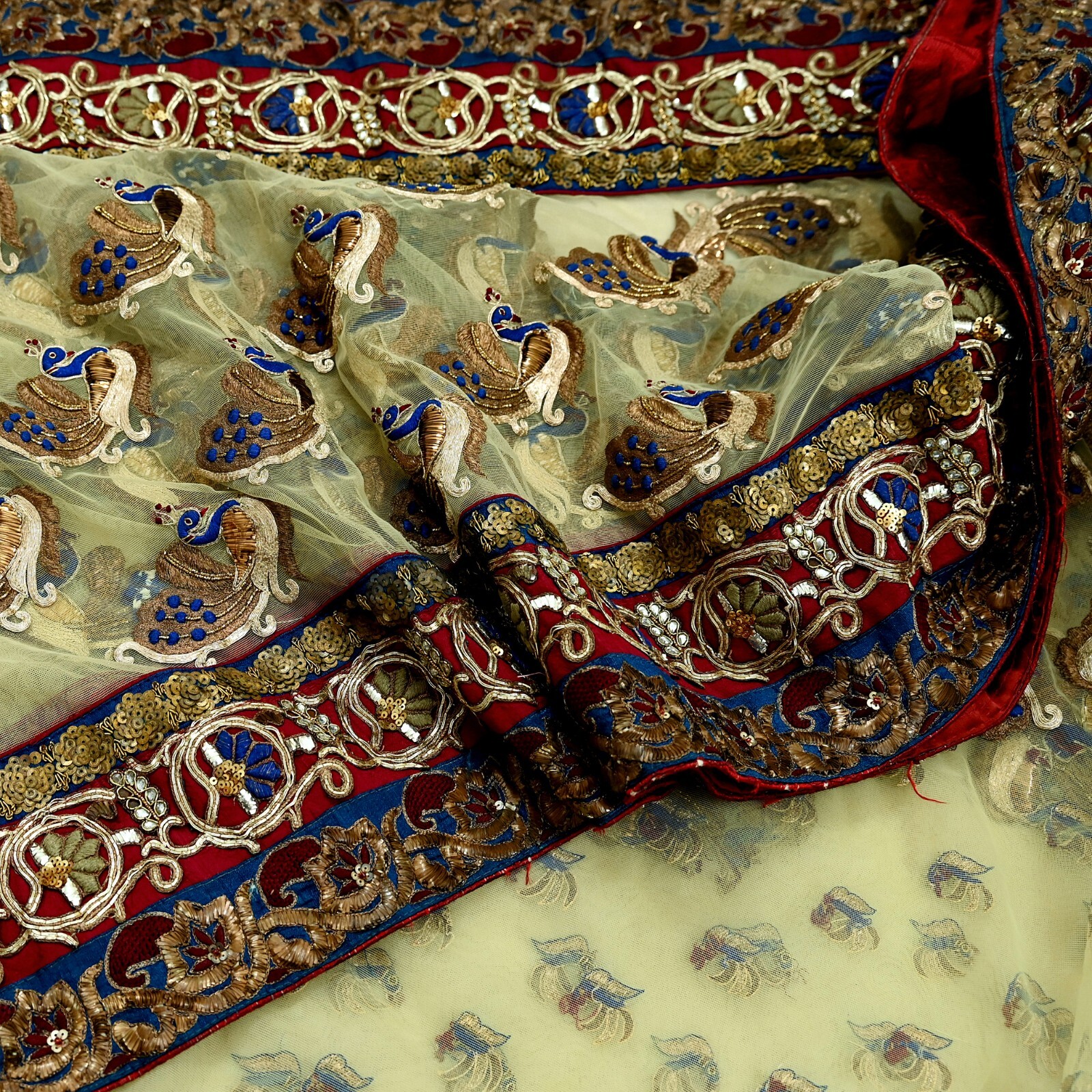 Indian Pre-owned Sari Ivory Net Hand Embroidered Anamika Khanna Designer Sarees