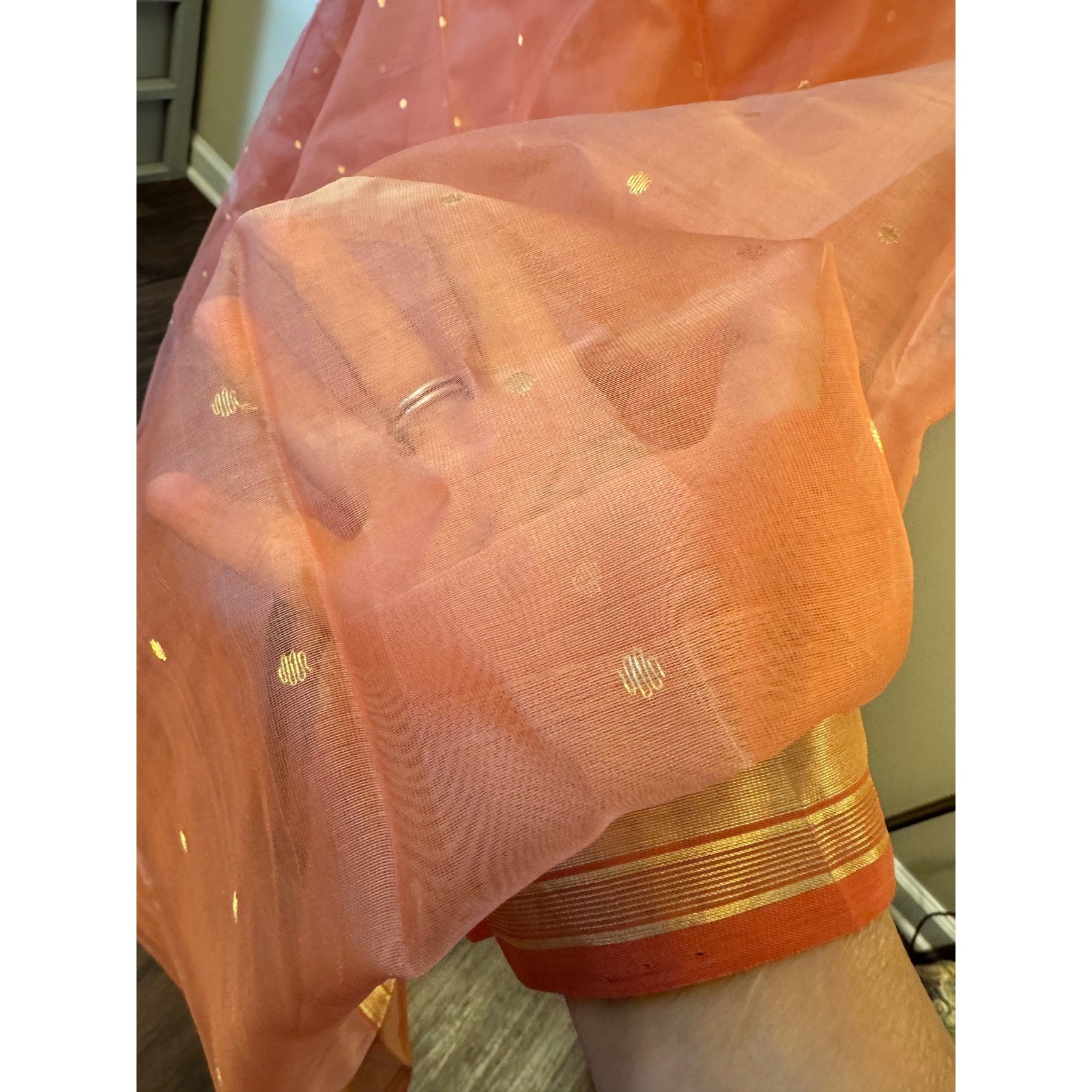 Peach Tissue Coral Gold Zari Embroidered Saree Set w Cotton Petticoat Indian