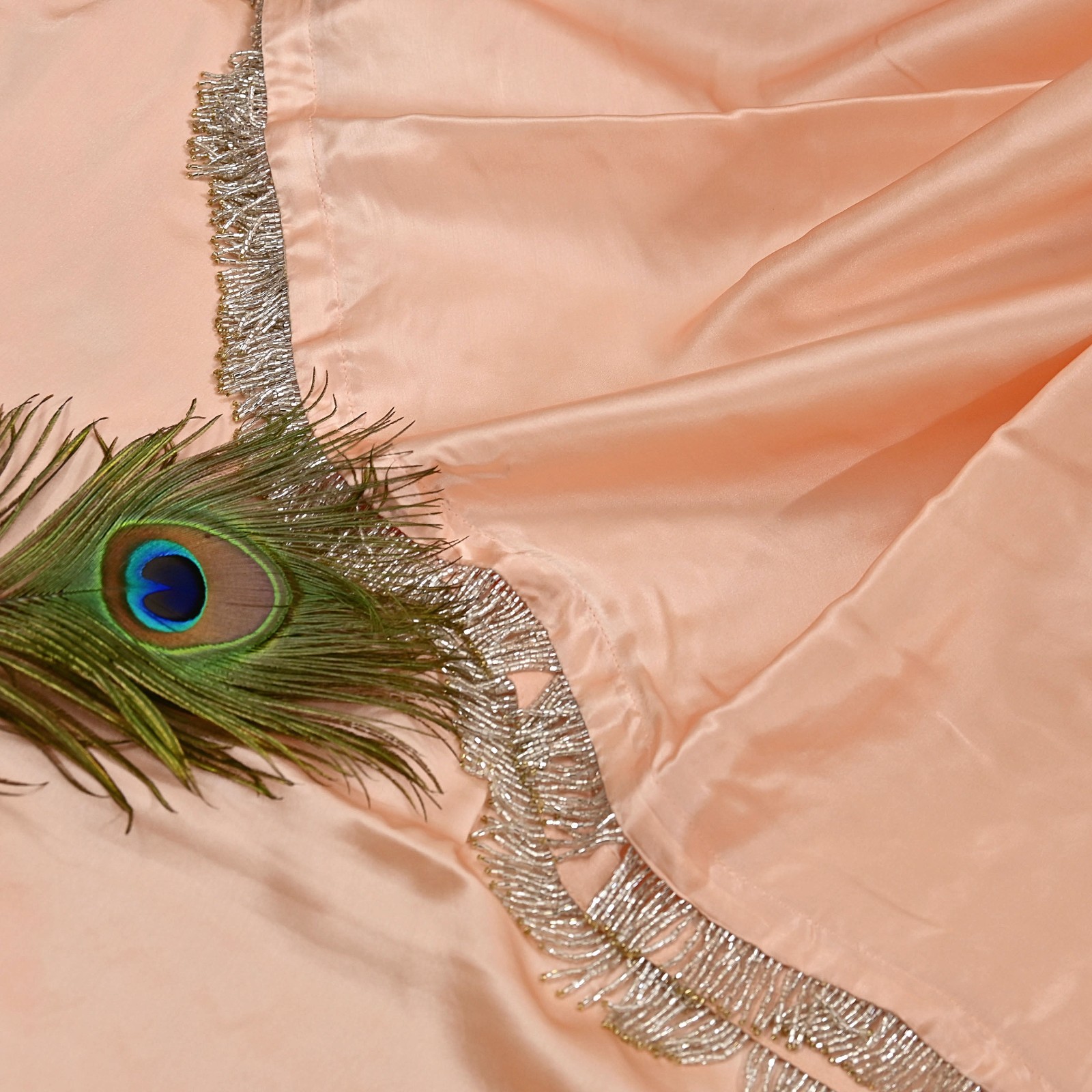Rare Vintage Peach Pure Satin Silk Saree Hand Embroidered Fabric 5.5 Yards Sari