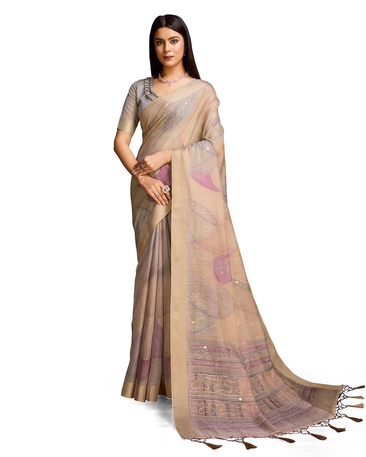 Women’s Heavy Organza Silk Linen Prism Print Saree with Zari Handwork saree