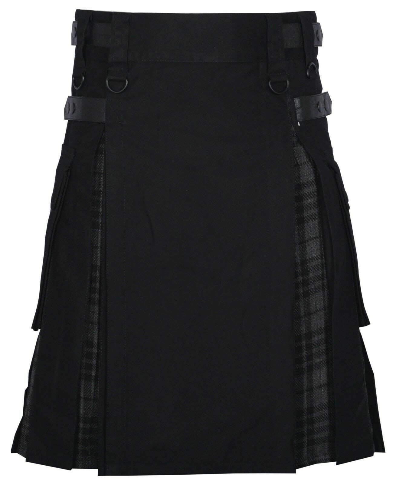 New Modern Granite Grey Tartan and Black Drilled Cotton Hybrid Men’s Kilt