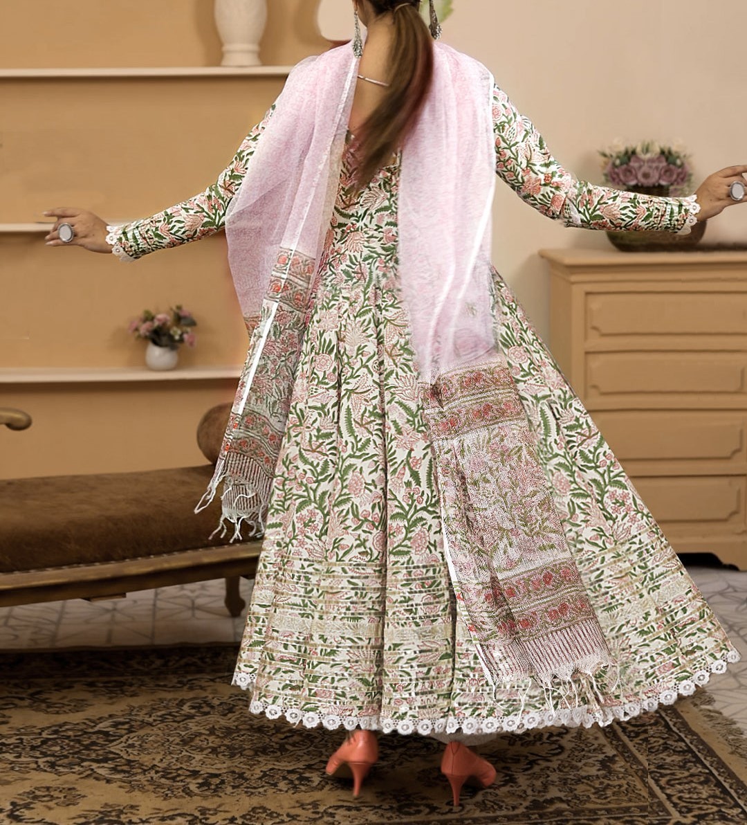 Handblock Printed Green Cotton Anarkali Kurta Set with Trousers & Dupatta Plus S
