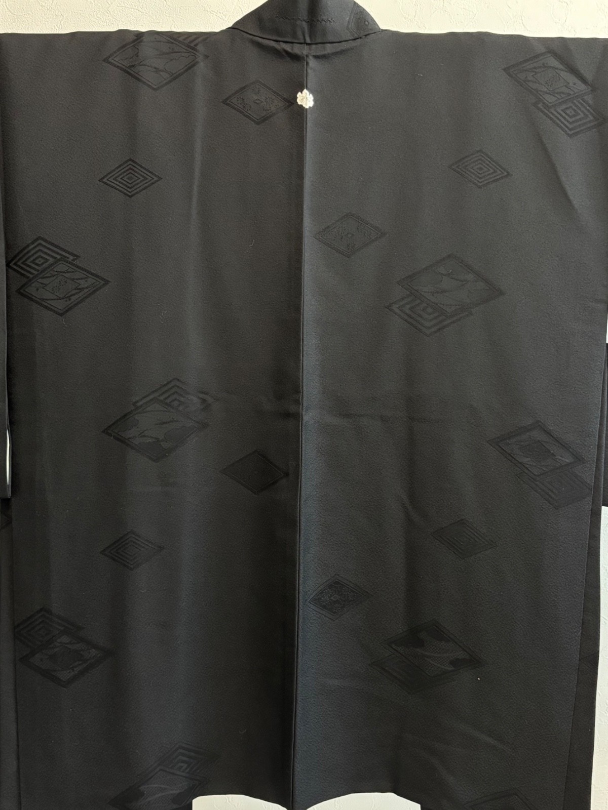 Vintage Japanese Black Haori Kimono Jacket Tonal Geometric Pattern from Japan