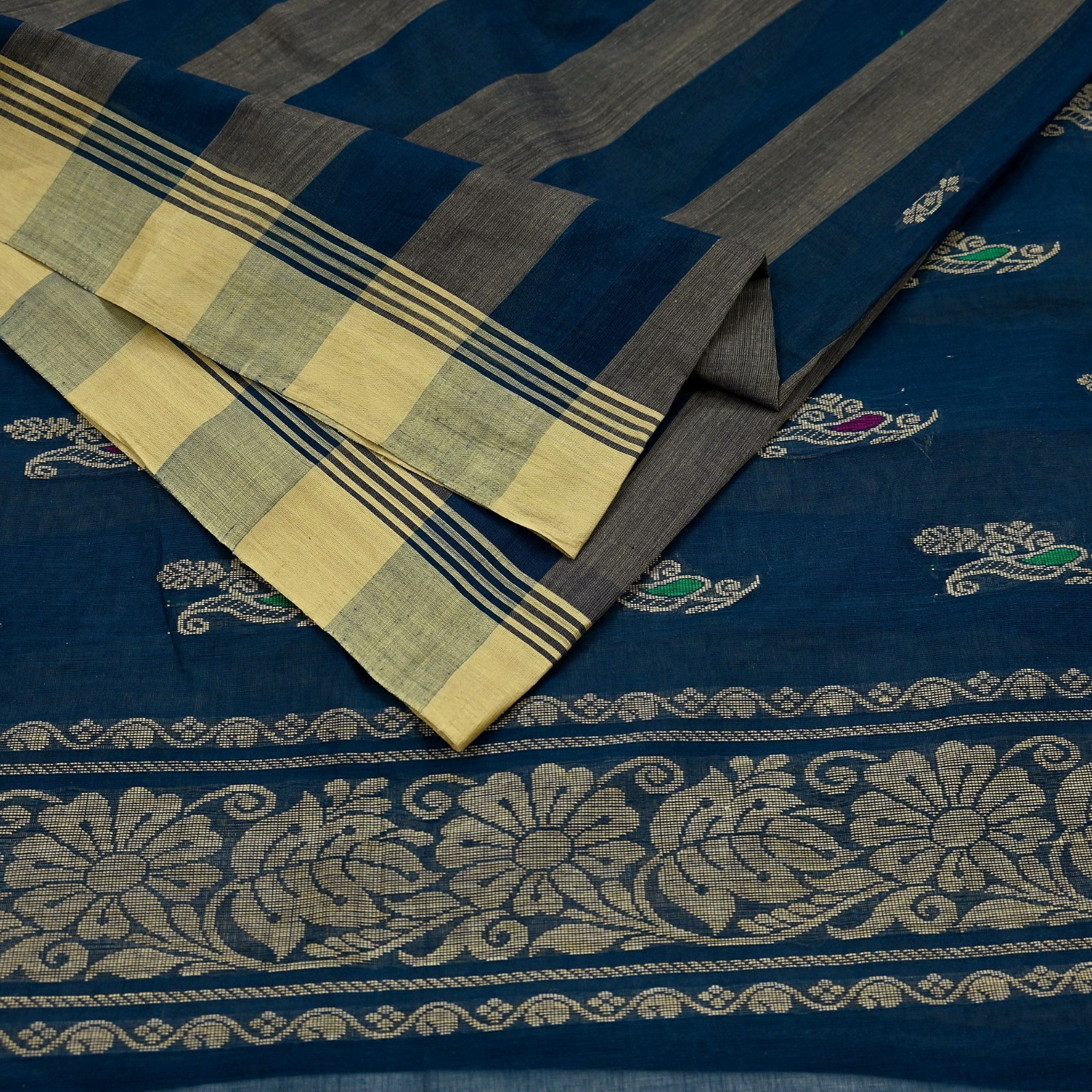 Indian Vintage Sari Green & Beige Pure Cotton Hand Woven Sarees Craft Fabric 5yd
