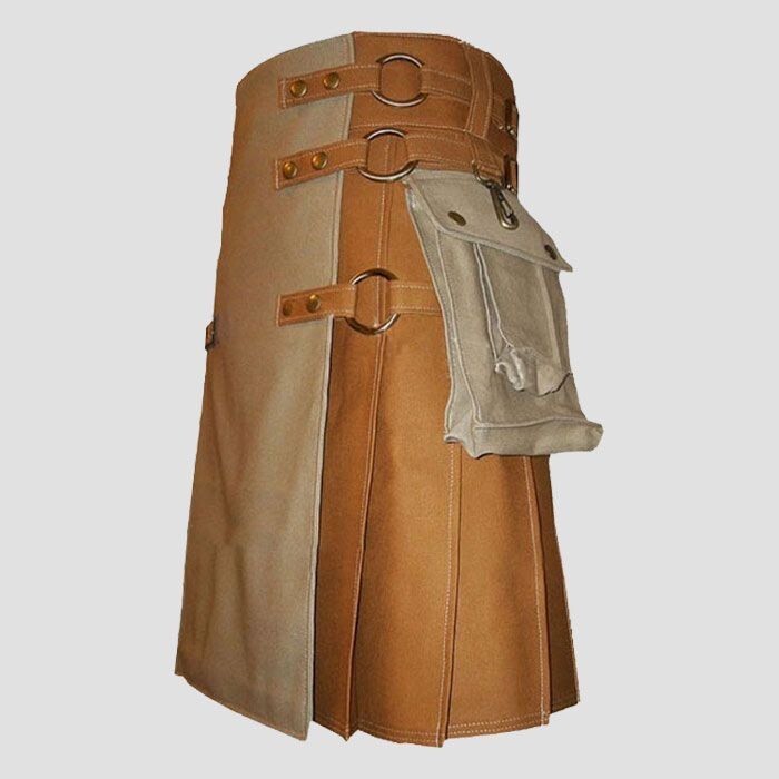 Men’s Scottish Brown Utility kilt Front Apron Khaki Color is made of Cotton