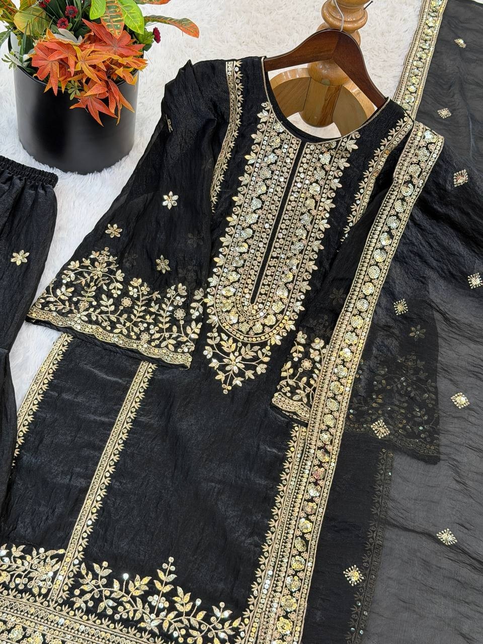 Latest New Silk Black Top Palazzo With Dupatta For Indian Reception Wear