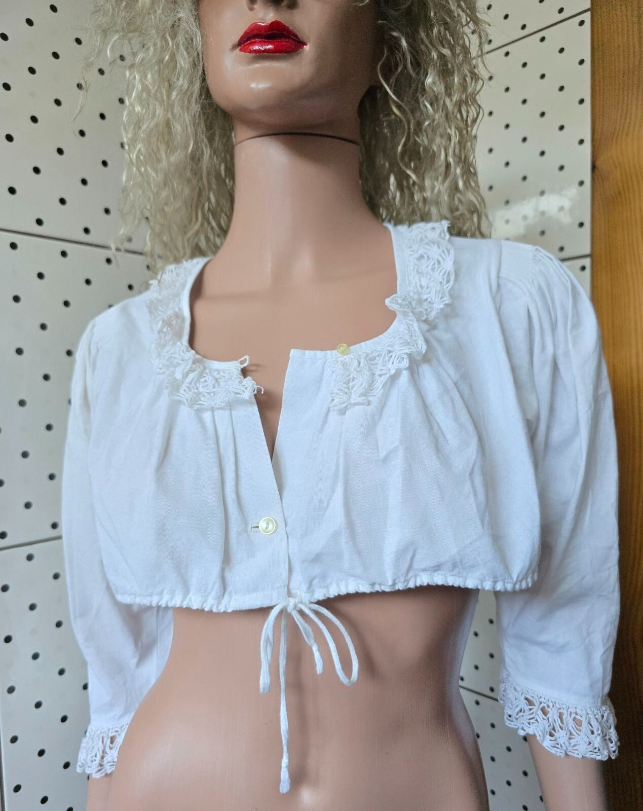 Vintage Handmade Size 42 Dirndl Blouse Alphorn Trachten Traditional TOP White