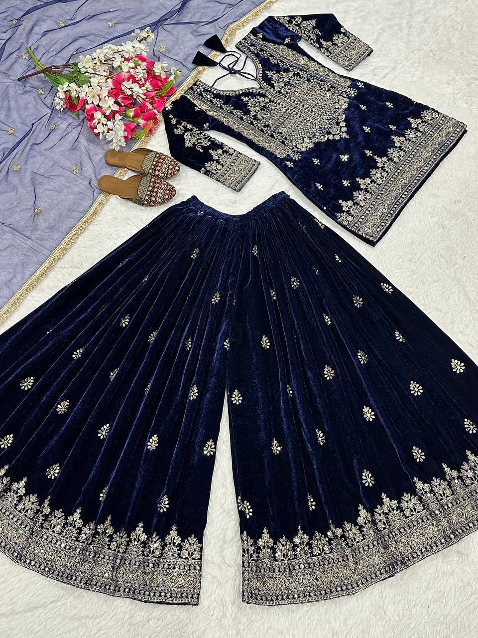Attractive Designer Viscose Velvet Kurta Palazzo With Net Dupatta For Women