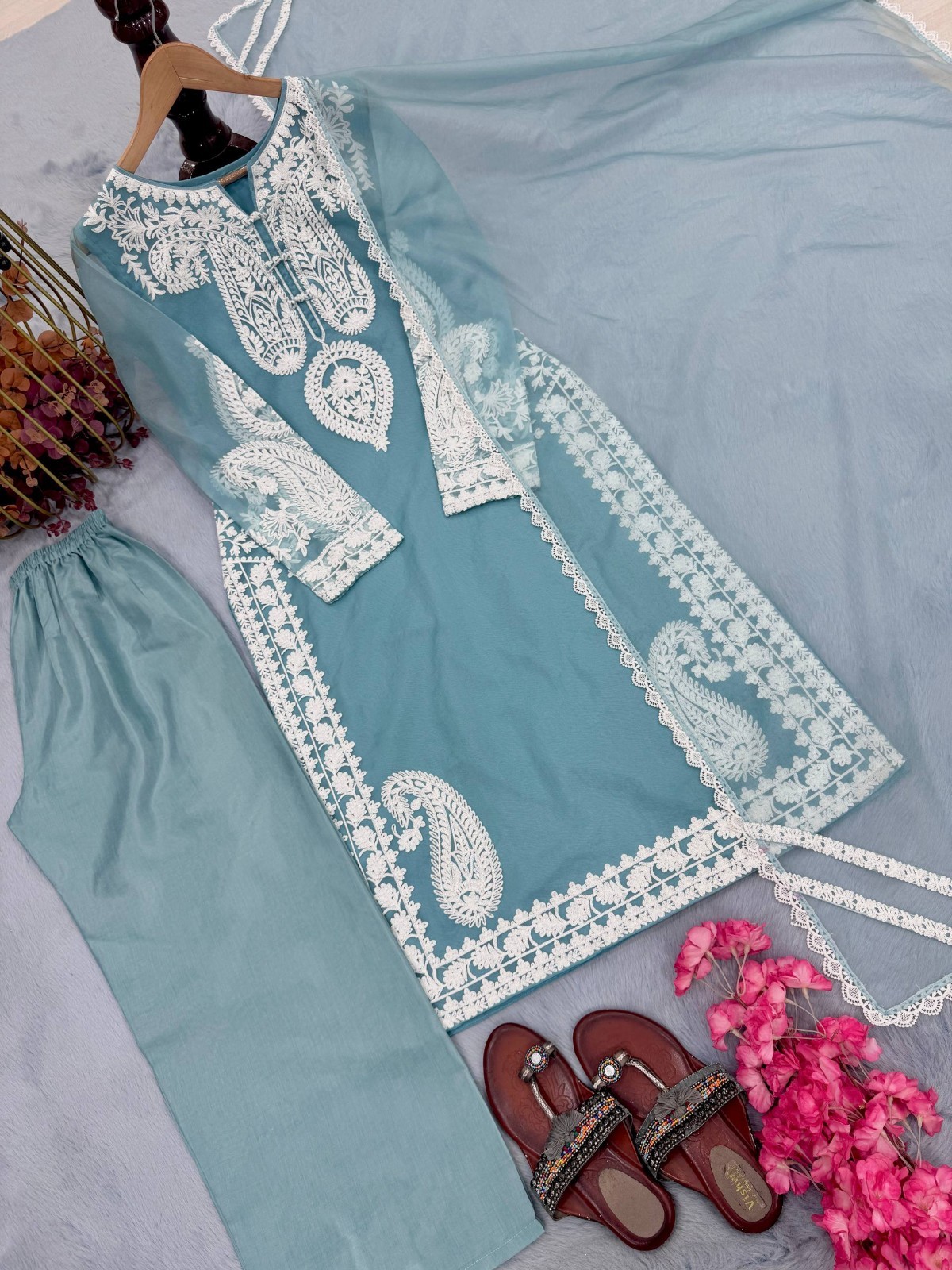 Bollywood Style Nylon Organza Silk Salwar Kameez With Dupatta For Women