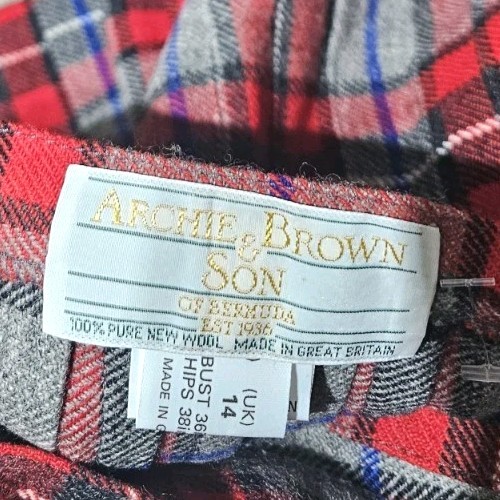 ARCHIE BROWN & SON-Womens Gray/Red Plaid Wool, Pleat Adjust. Scottish Kilt-(12)