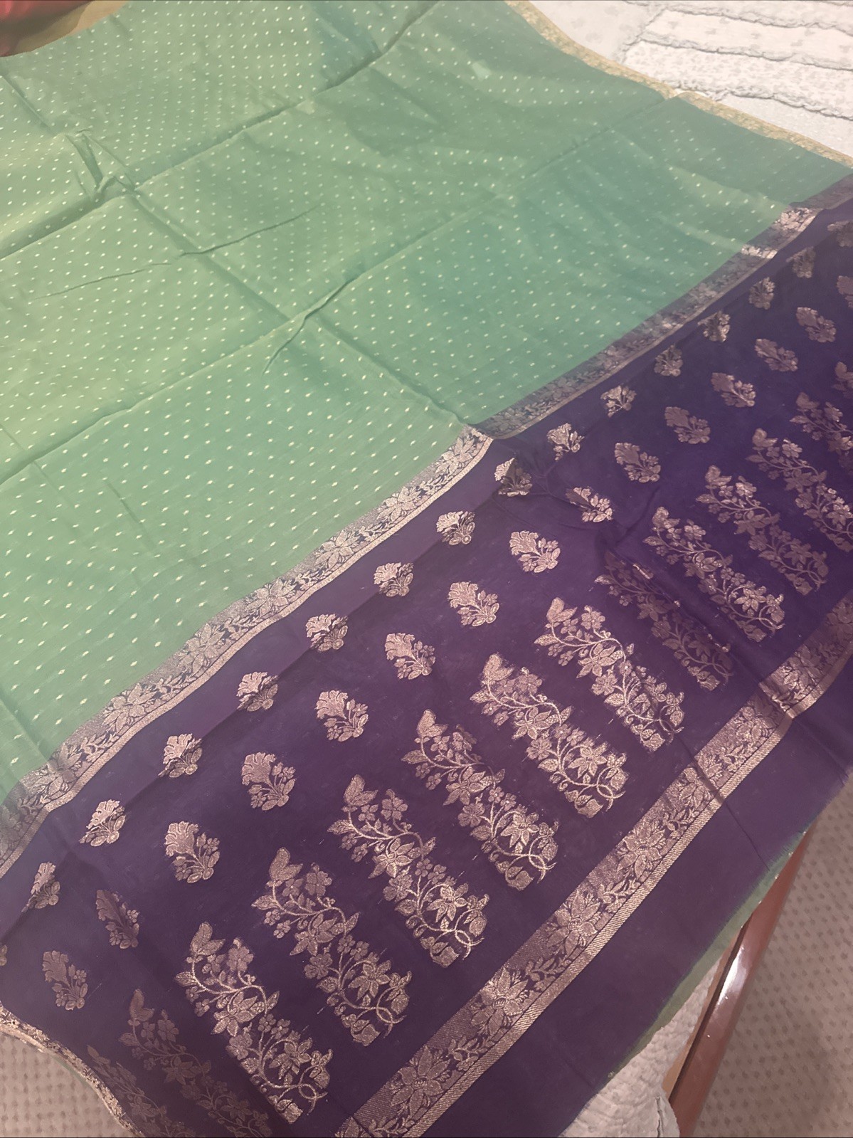 Very Pretty Green Saree,Blue Border & Pallu,Stitched Blouse,cotton tissue mixed