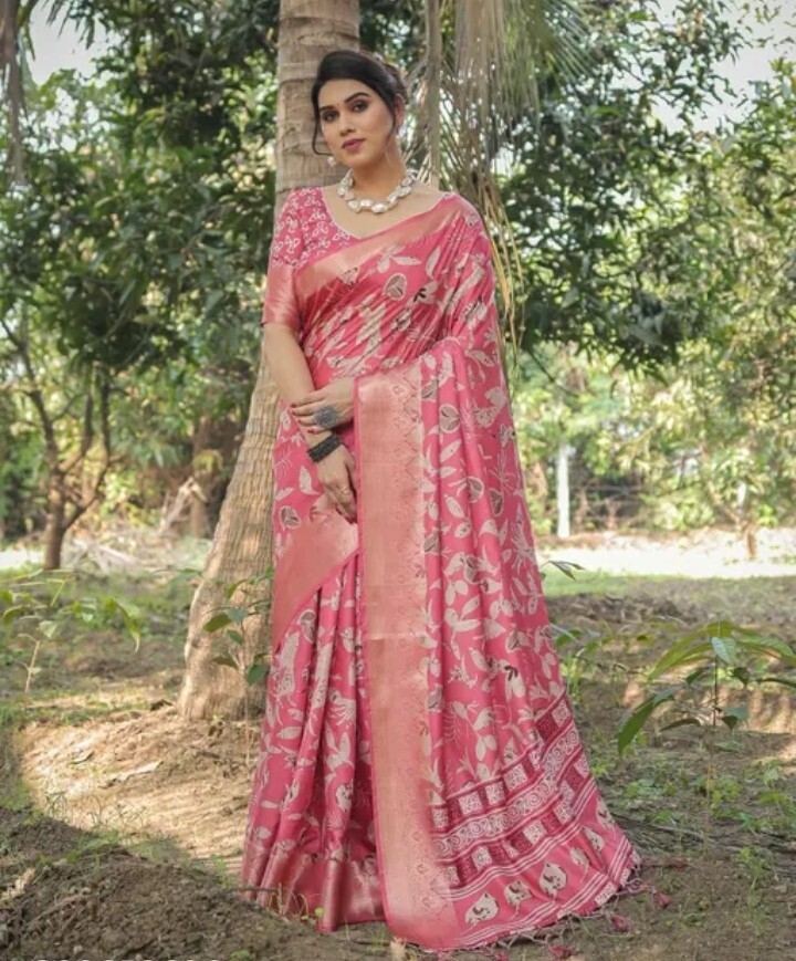 Indian Bollywood Party Wear Orchid pink with digital print work silk Saree