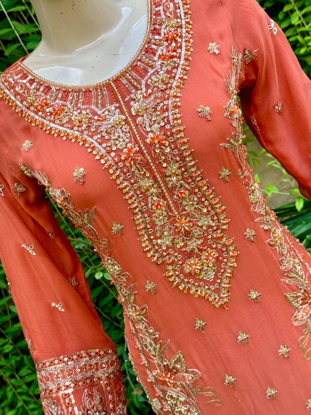 Pakistani Orange Straight Style Embroidered Sequins Chiffon Gharara Dress,S