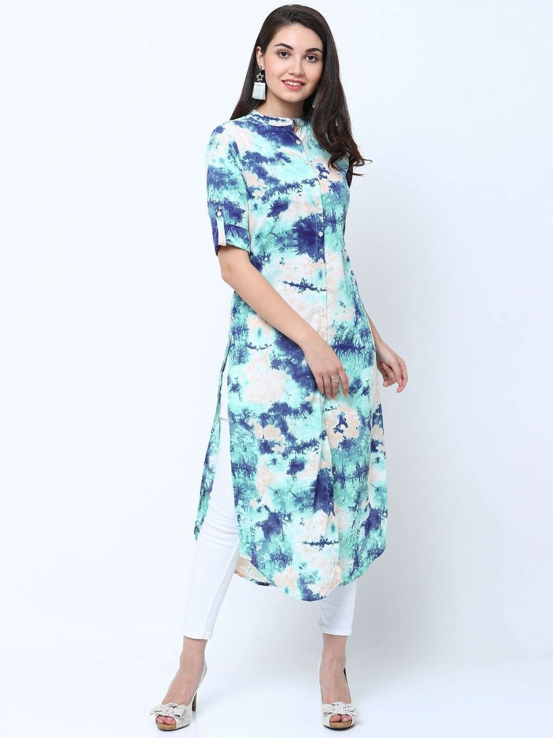 Sea Green White Boho Ethnic Tunic Kurta Women Indian Dress Diwali Festival Wear
