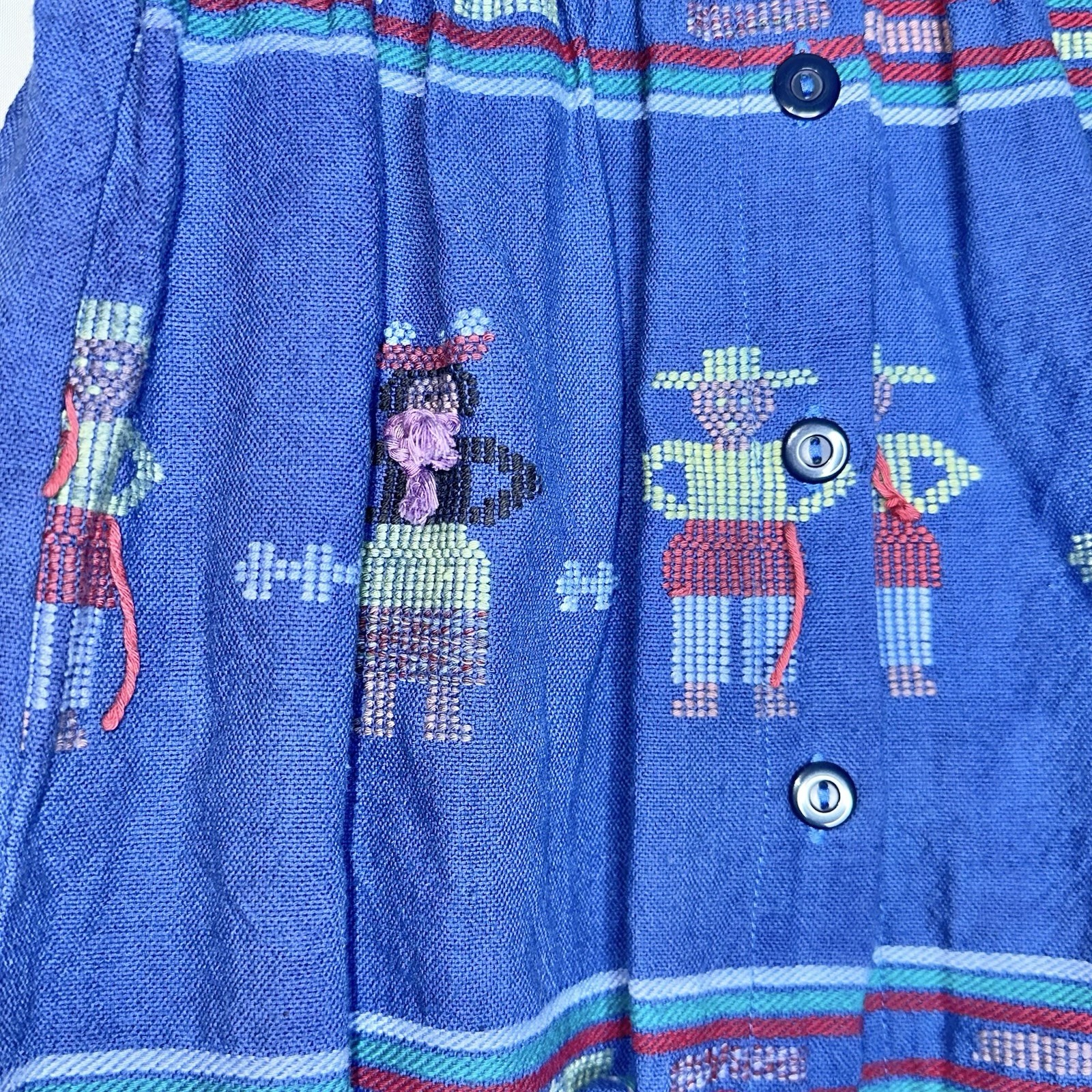 VTG Traditional Mexican Embroidered Guatamla Blue 100% Cotton Smock Dress Medium