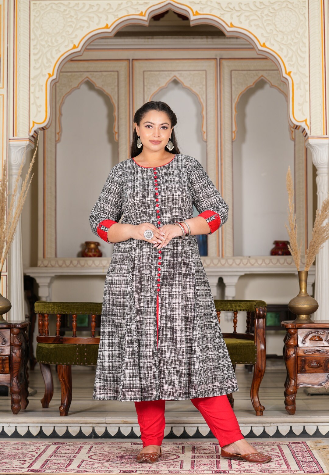 YASH GALLERY Women’s Plus Size Cotton Printed Grey Anarkali Kurta