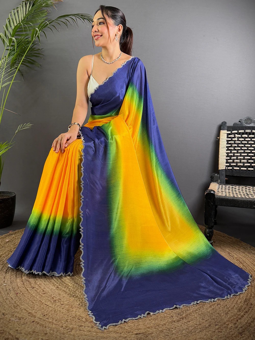 Women Chiffon Saree Yellow And Dark Blue Color Cut Work With Unstitched Blouse