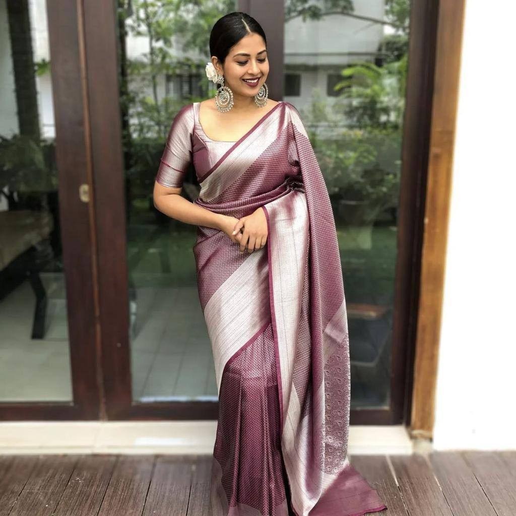 Soft Lichi Silk Jacquard Saree with Zari Woven Border Traditional Festival Wear