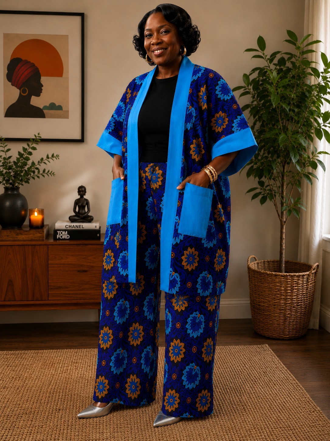 Sky Blue set Elegant Afrocentric Kimono Cover-Up – Handmade African Print