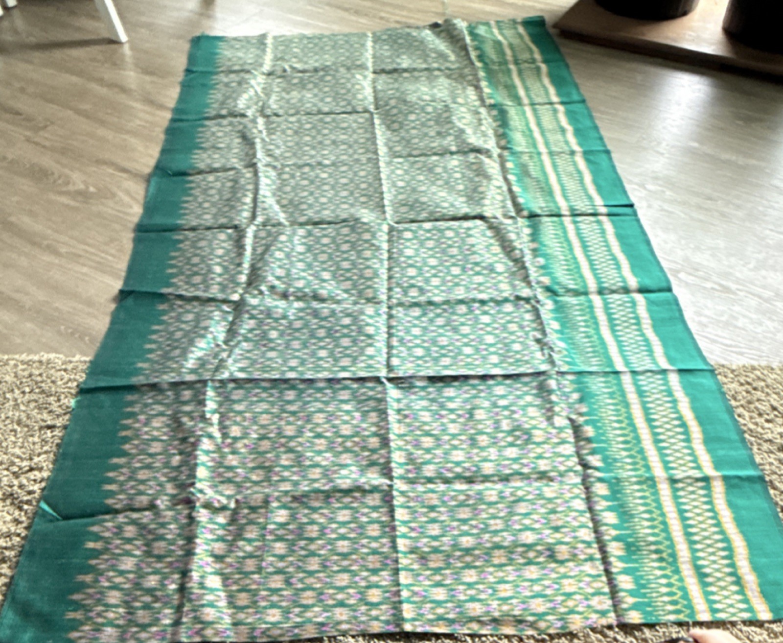 Vintage Thai Mudmee Silk Ikat Textile 2 Yds Emerald Green/Gold HandLoomed 70s