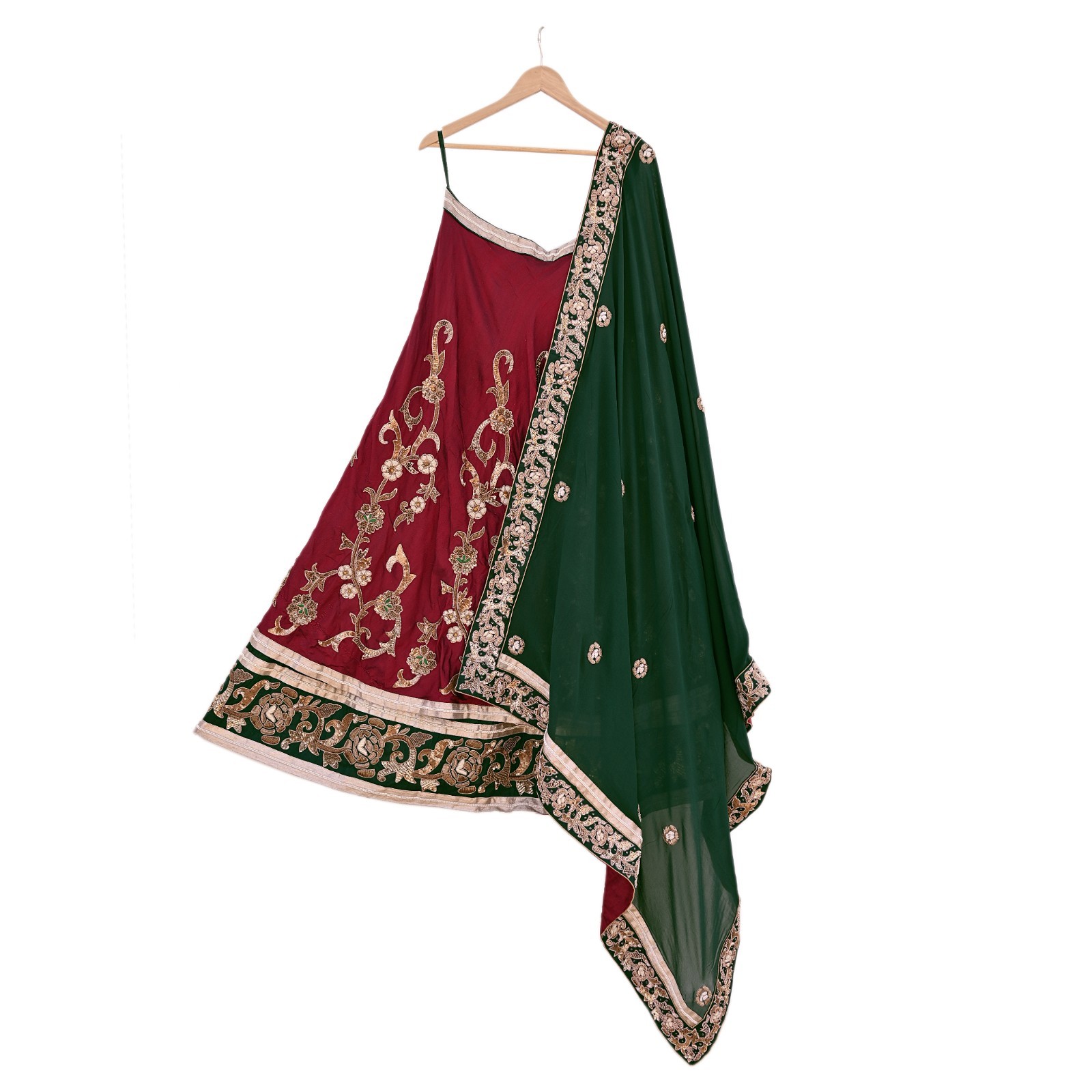 Indian Pre-Owned Raw Silk, Pure Georgette Silk Hand Embroidered lehenga 2pc Set