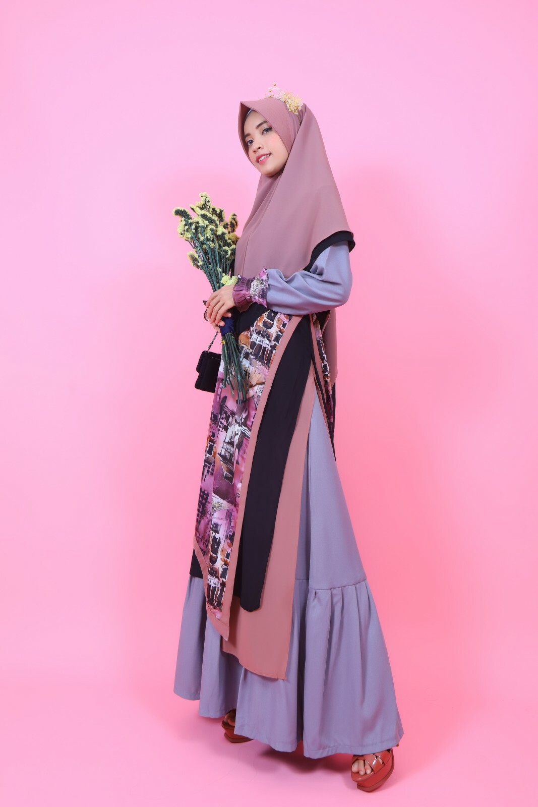 gray print pattern abaya & khimars set,abaya Maxi Dress,Modern hijab girls dress