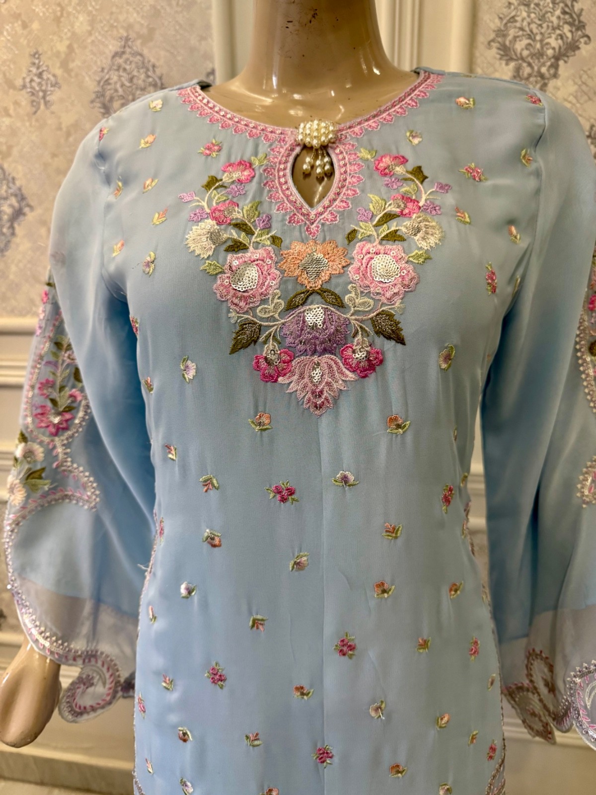 Pakistani Light Blue chiffon & Silk fancy Embroidered Sharara Dress,XL