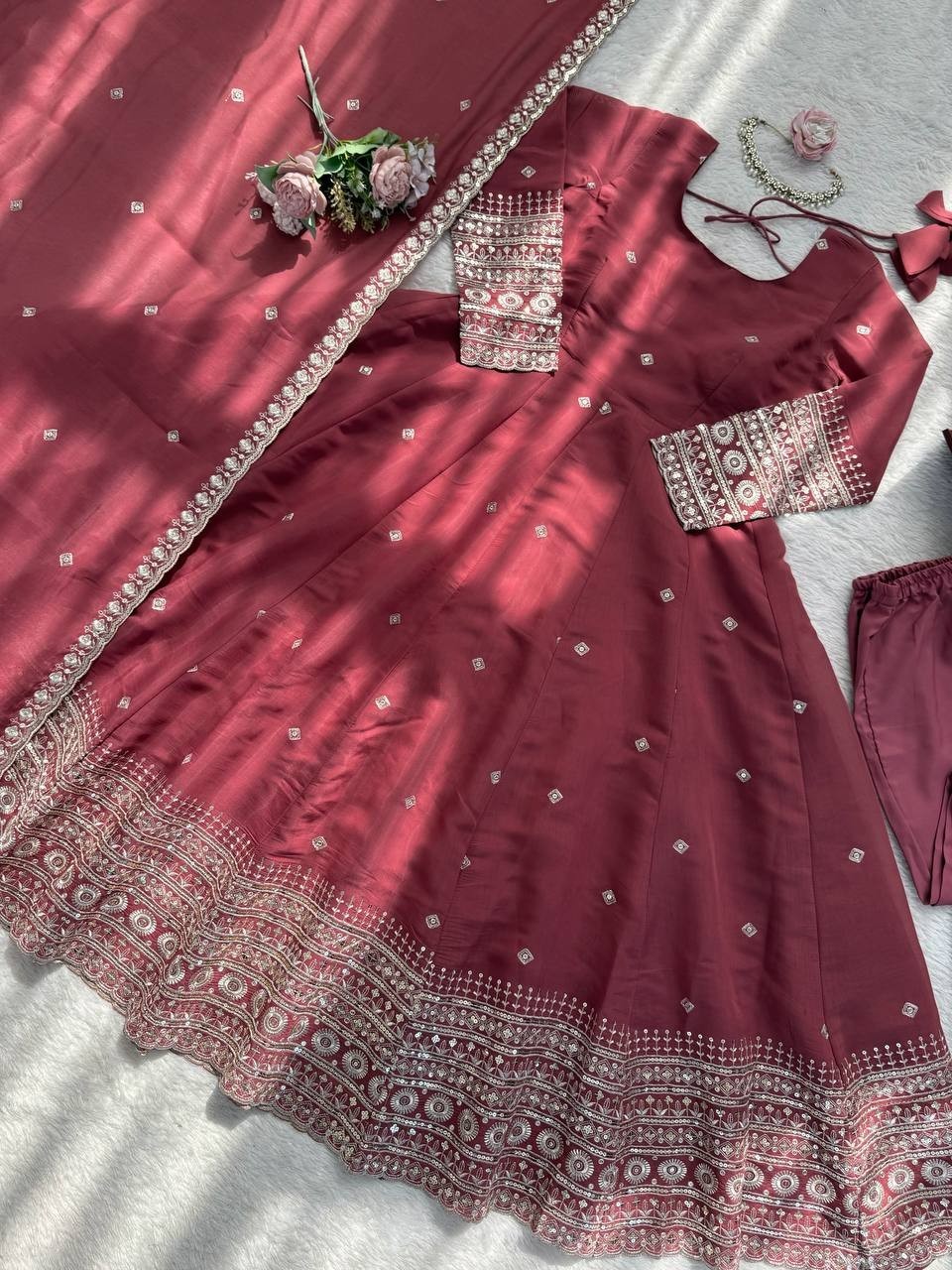 Presenting Mul Chanderi Silk Maroon Gown Bottom With Dupatta For Festival Wear