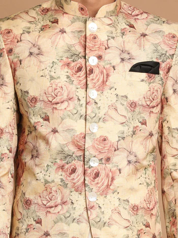 Men’s Beige Printed Jodhpuri And Cream Kurta Pyjama Set