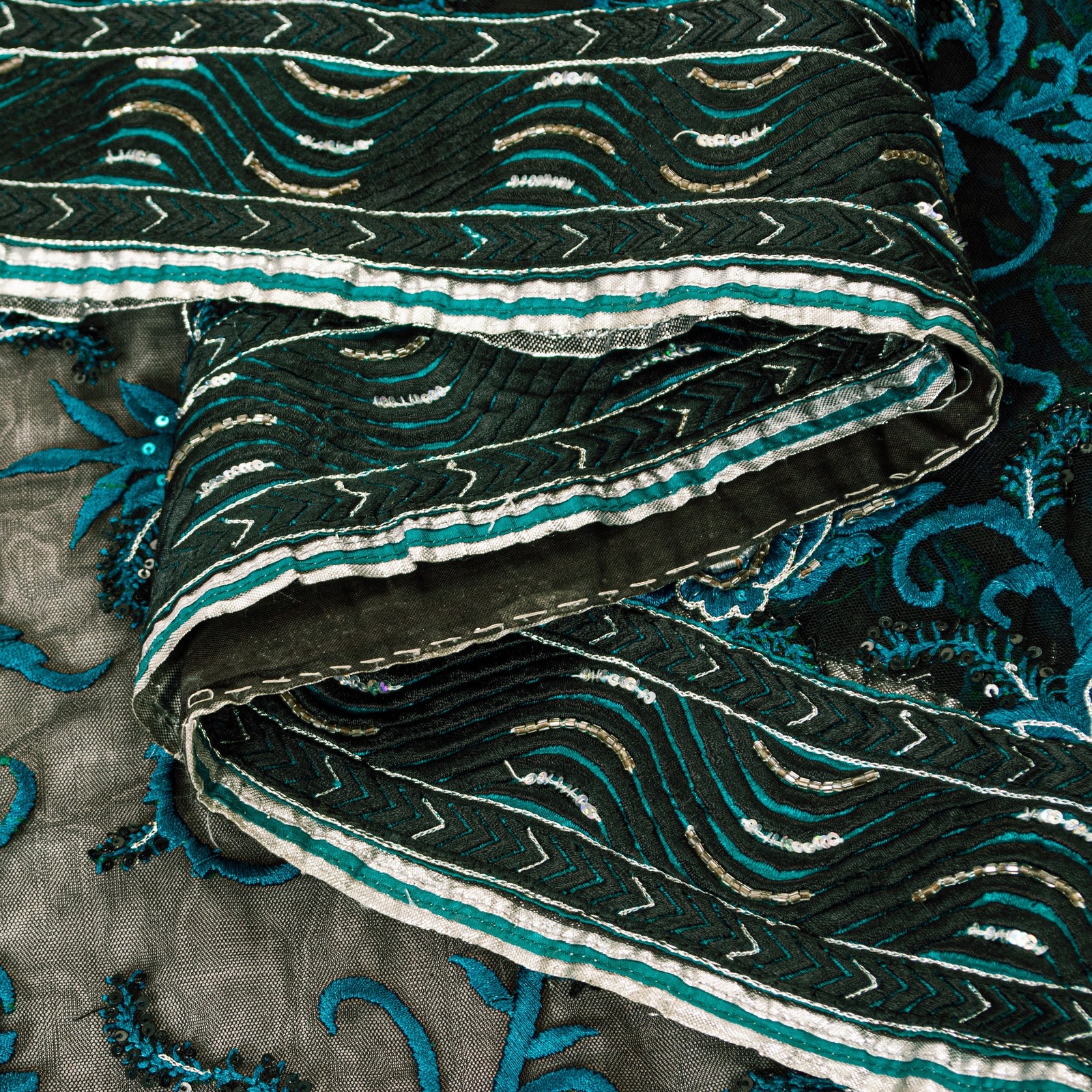 Sanskriti Vintage Black Net Mesh Saree Hand Embroidered Beaded 6Yd Craft Fabric