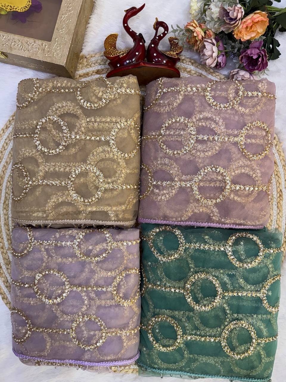 Indian Designer Soft Net Saree Sequins Beads Embroidery Scallop Border Partywear