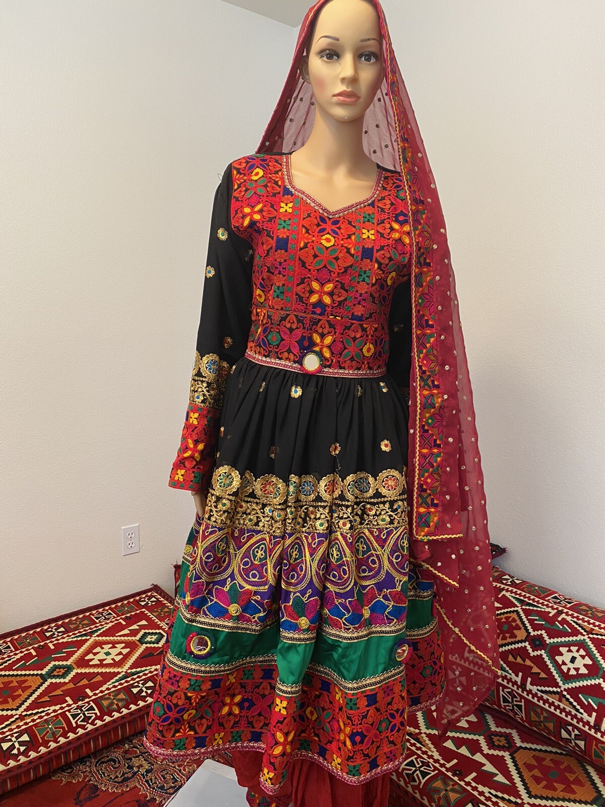 Afghan Black Dress With Red Pant And Red Scarf Large Size