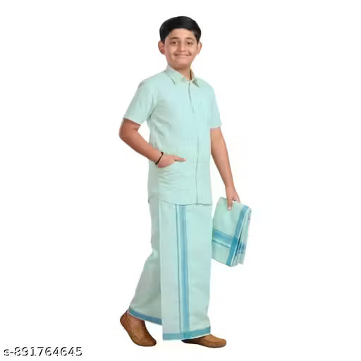 South Indian Traditional Boy’s Tissue Shirt with Dhoti Set for onam festival
