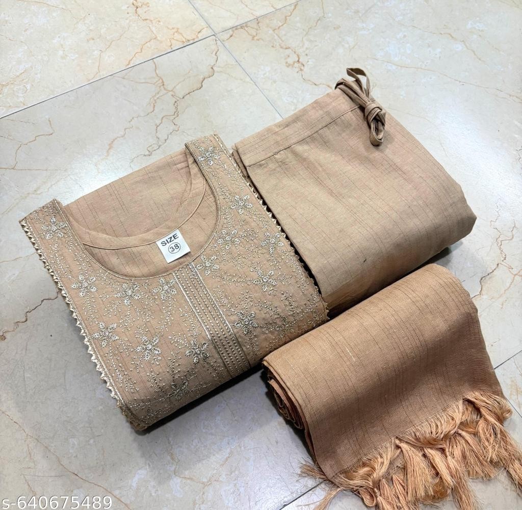 Bollywood Indian Beige Printed Khadi Cotton Kurta Pant Dupatta Readymade Suit A7