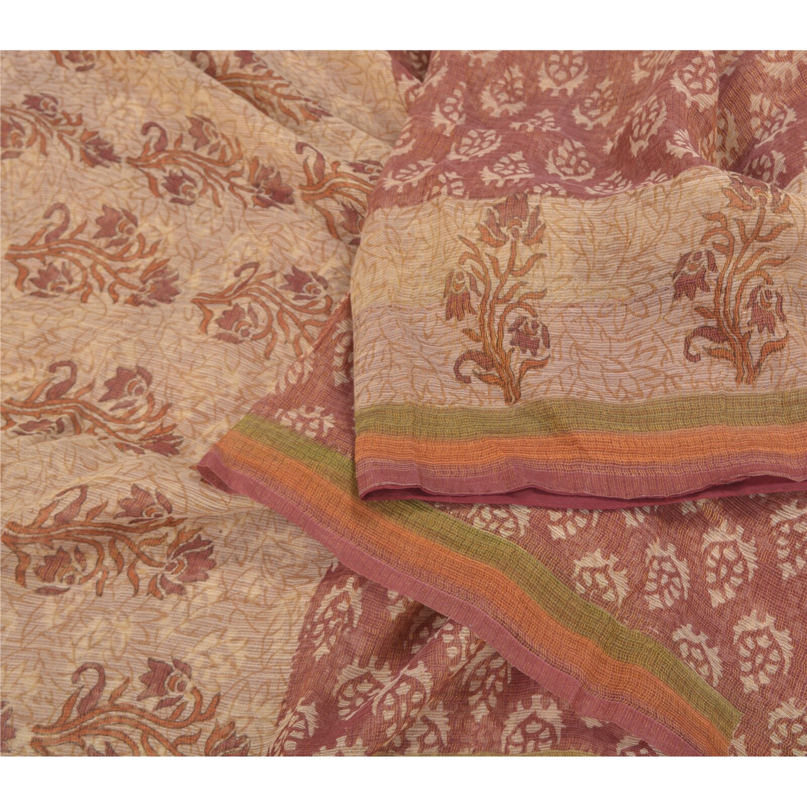 Sanskriti Vintage Brown Indian Sarees 100% Pure Silk Printed 5 Yard Sari Fabric