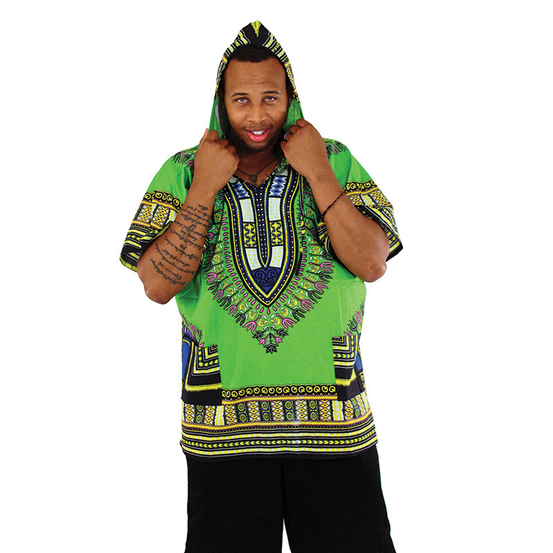 Traditional Lime Green African Print Dashiki w/color designs w/Hood. Free Size.