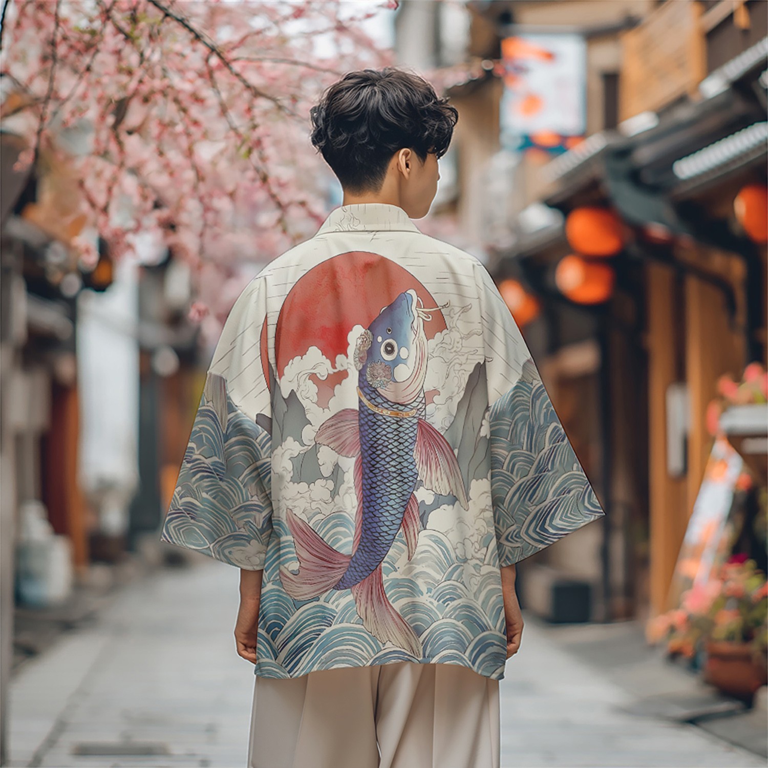 Niepce Men’s Japanese Graphic Lightweight Aqua Nature Kimono Cardigan Shirt Top