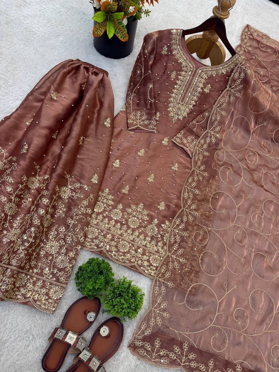 New Designer Heavy Silk Brown Top Palazzo With Dupatta For Indian Party Wear