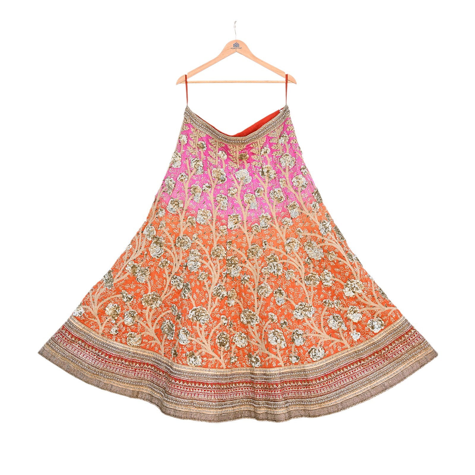 Indian Vintage Orange & Pink Raw Silk Hand Embroidered Skirt Bridal Party Wear