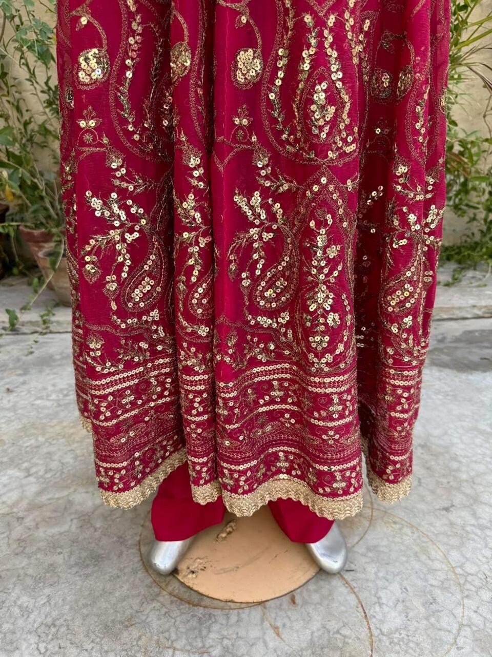 Pakistani Hot Pink Long Maxi Style Embroidered Sequins Chiffon Dress,L