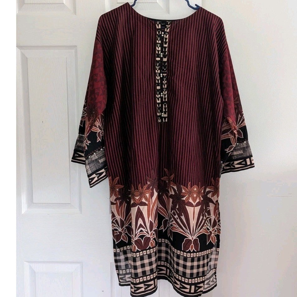 J Pret Pearl Embellished Kurti Tunic Dress Sz Med 12 Mixed Print Fall Colors EUC