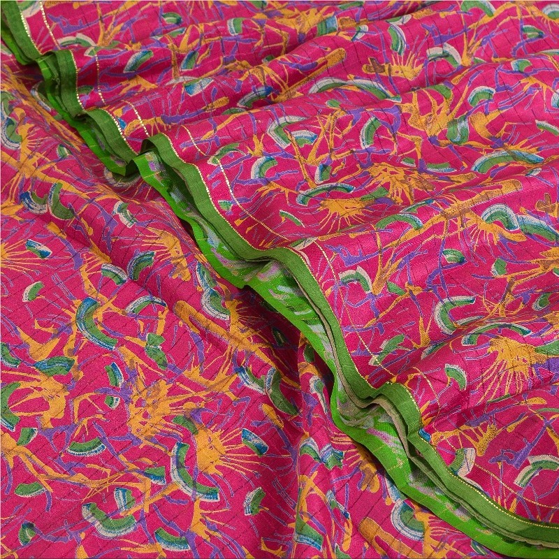 Sanskriti Vintage Sarees Indian Pink Pure Silk Printed Woven Sari Craft Fabric