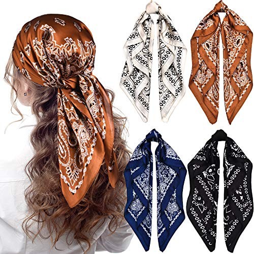 4 Pieces 27 Inch Satin Headband Scarves Silk Feeling Bandana Classic Pattern