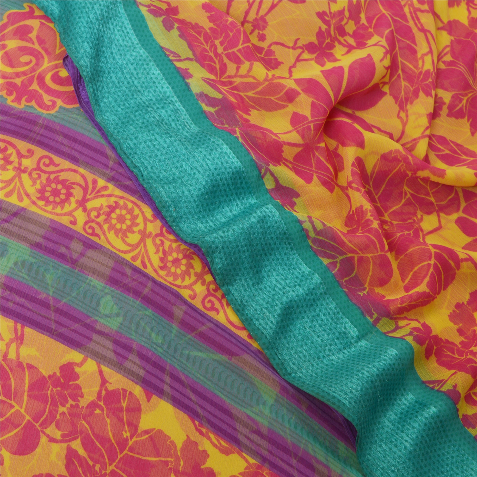 Sanskriti Vintage Indian Sari Yellow Printed Georgette Sarees Craft 5 Yd Fabric