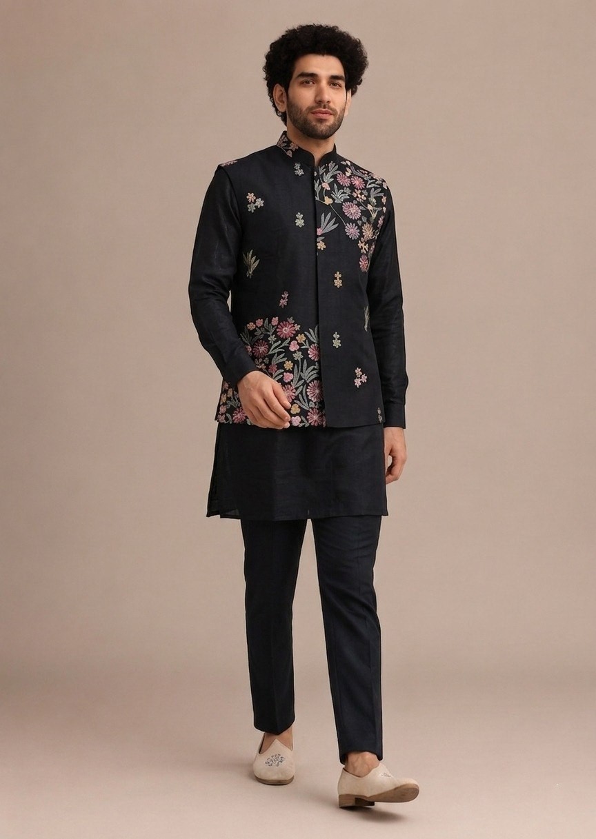 Indian Mens Kurta Pajama Set with Designer Koti Party Traditional Wear