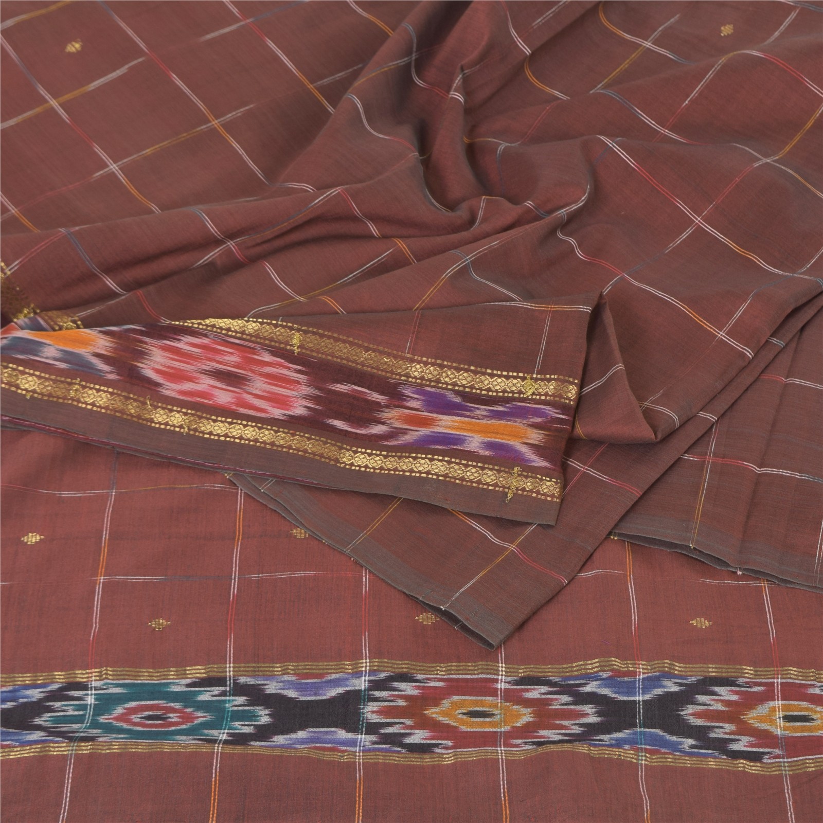 Sanskriti Vintage Brown Sarees Pure Silk Woven Ikat Premium Sari 5Ydcraft Fabric